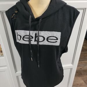 Bebe Sport Black Logo Distressed Hooded Sleeveless Vest Top Womens Large